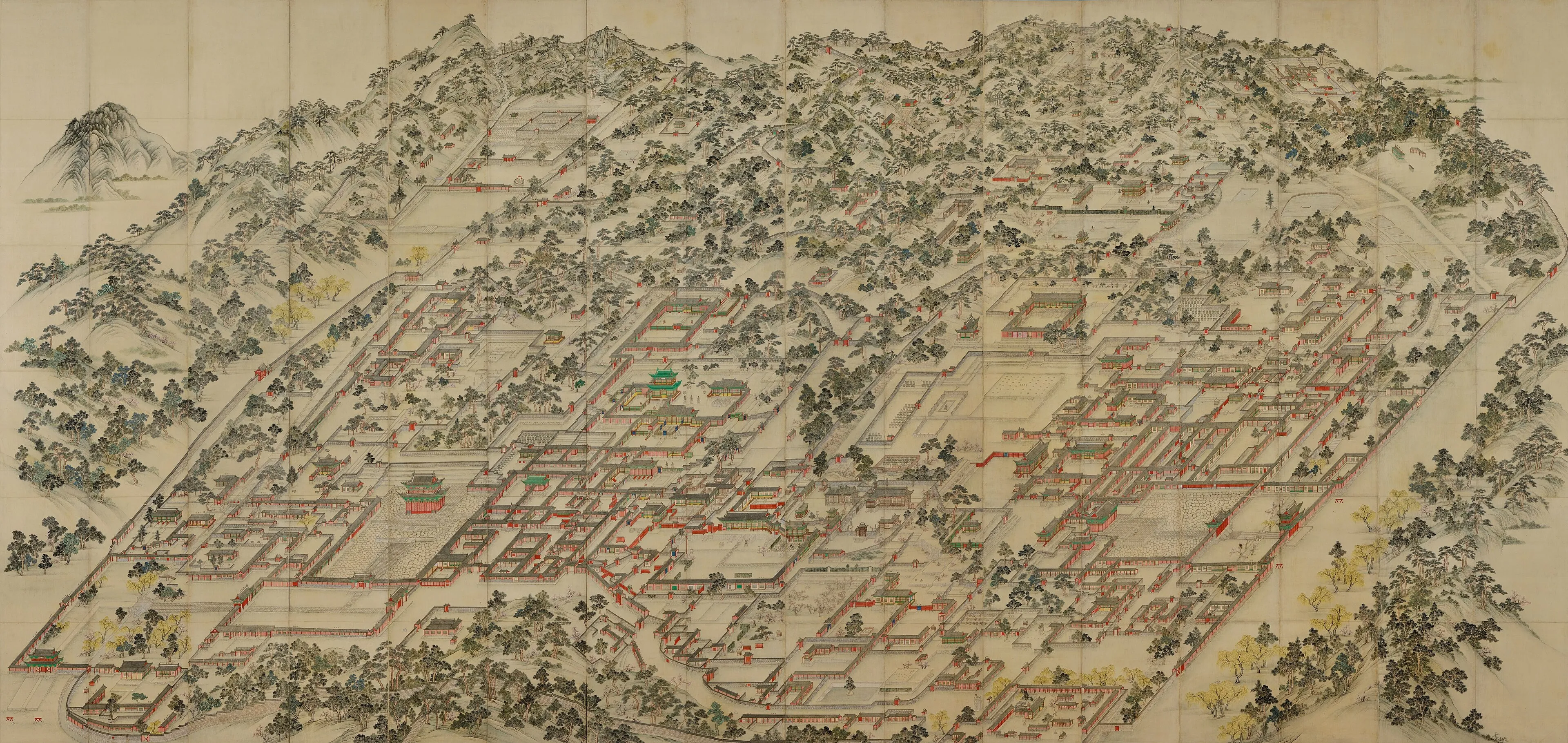 Donggwoldo, a nineteenth-century Korean folding-screen painting of the Changdeokgung and Changgyeonggung palace complexes